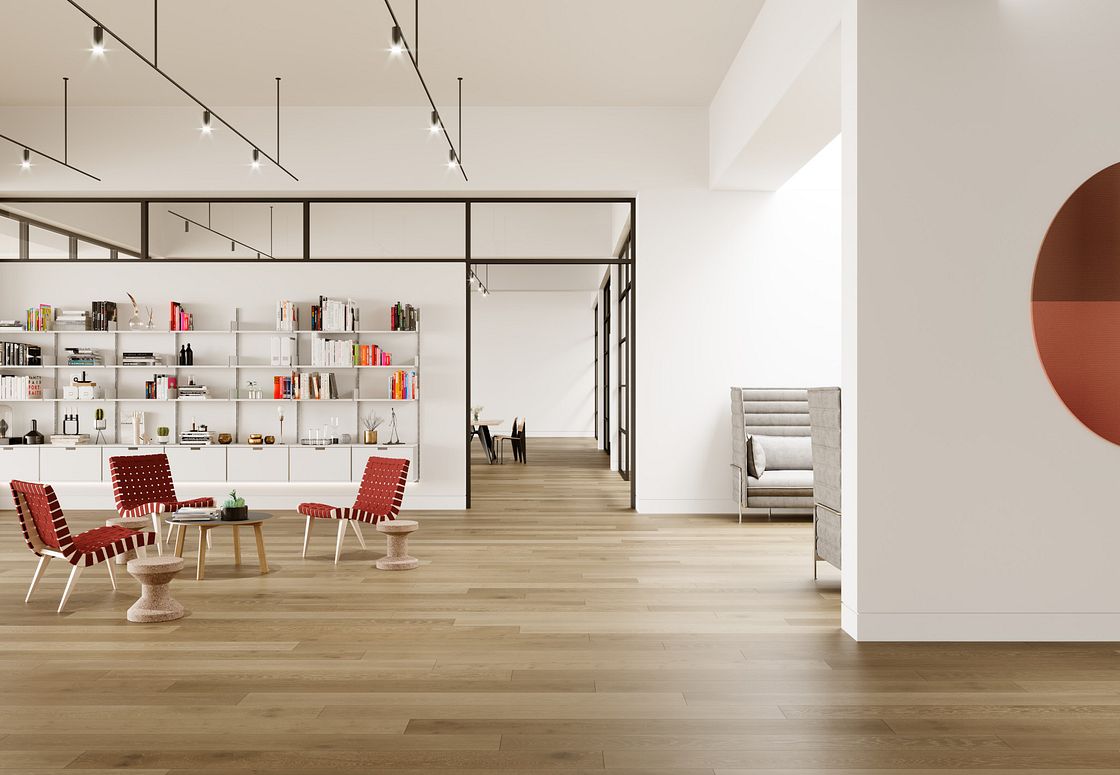 Modern office with engineered hardwood flooring